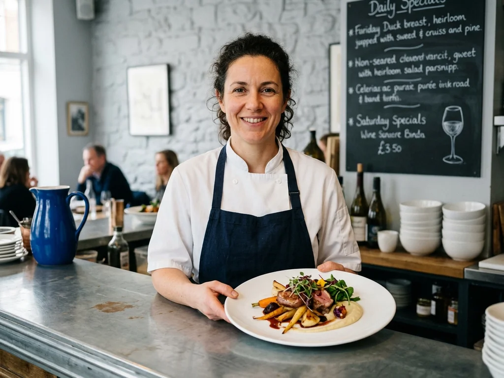 Une chef de restaurant dijonnais souriante illustrant le succès local grâce au SEO optimisé.