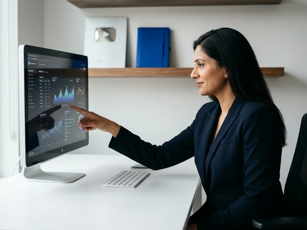 Consultante SEO devant un écran d'analyse, illustrant la certification et l'expertise digitale de l'agence.