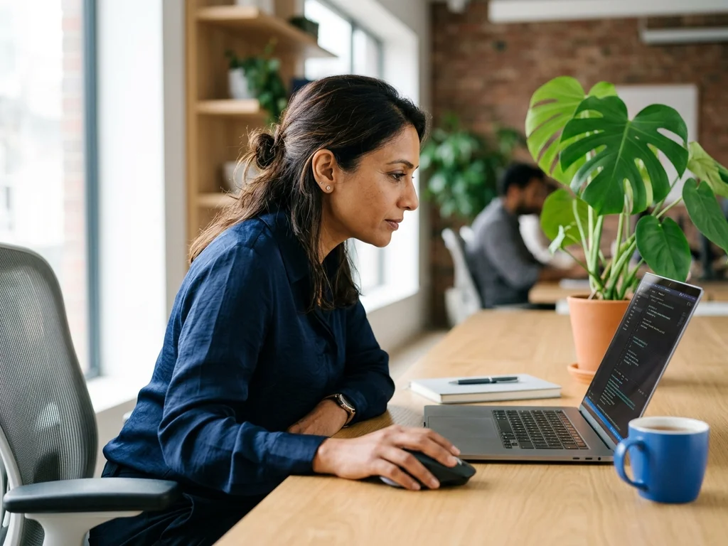 Développeuse optimisant les réglages SEO WordPress sur un ordinateur dans un bureau lumineux et moderne.