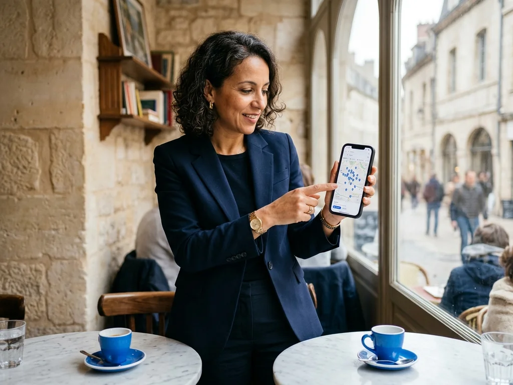 Une entrepreneuse à Dijon consulte les résultats du Pack Local Google sur son smartphone en terrasse.