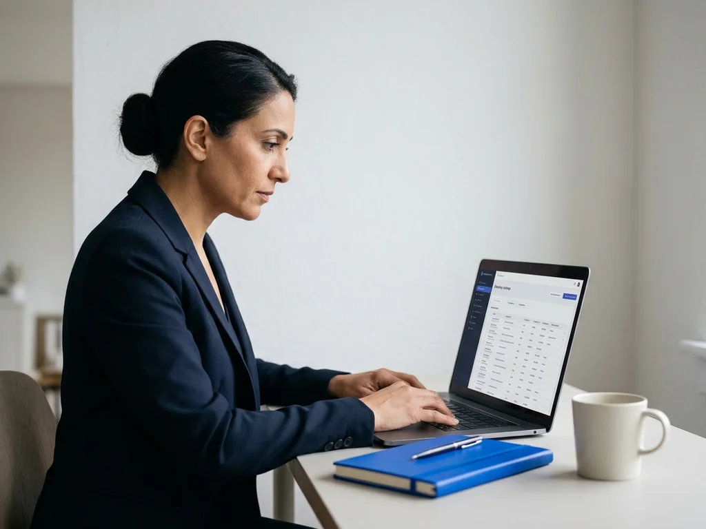 Professionnelle gérant des fiches d'établissements locaux sur un tableau de bord numérique à Dijon.