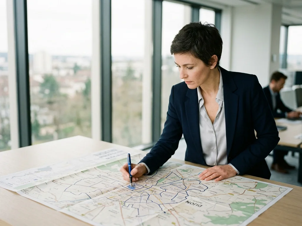 Stratège analysant une carte de Dijon pour optimiser la visibilité locale des entreprises environnantes.